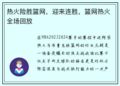 热火险胜篮网，迎来连胜，篮网热火全场回放