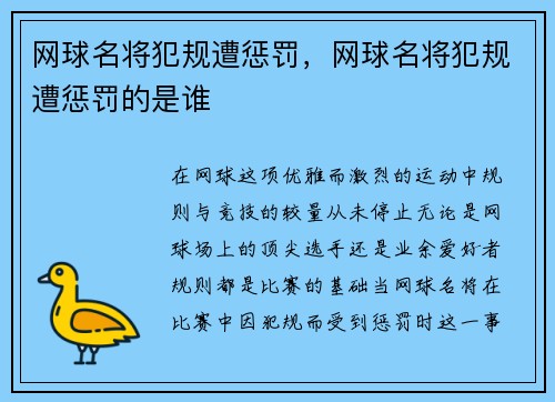 网球名将犯规遭惩罚，网球名将犯规遭惩罚的是谁